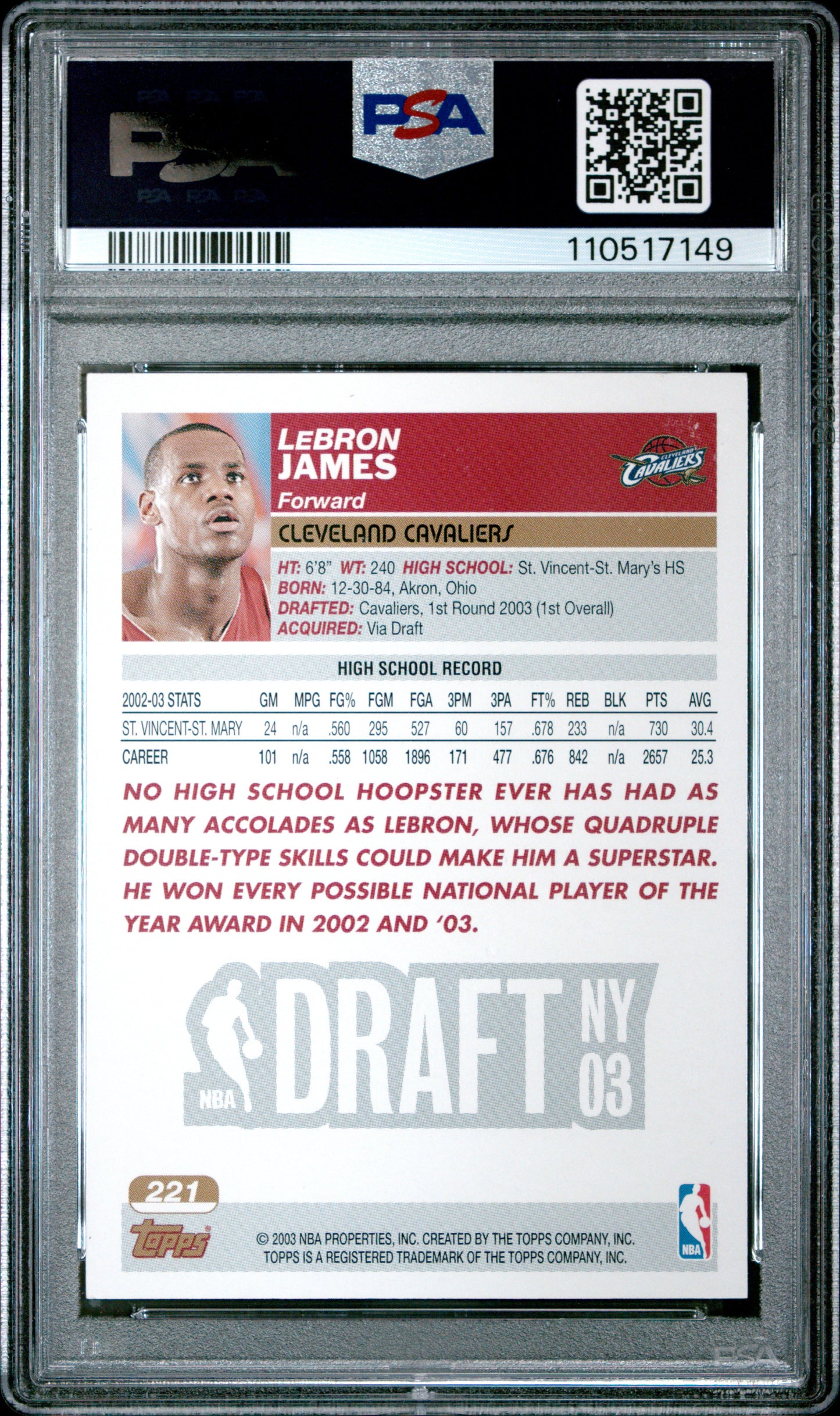 2003-04 Topps Lebron James Collection Rookie PSA 6
