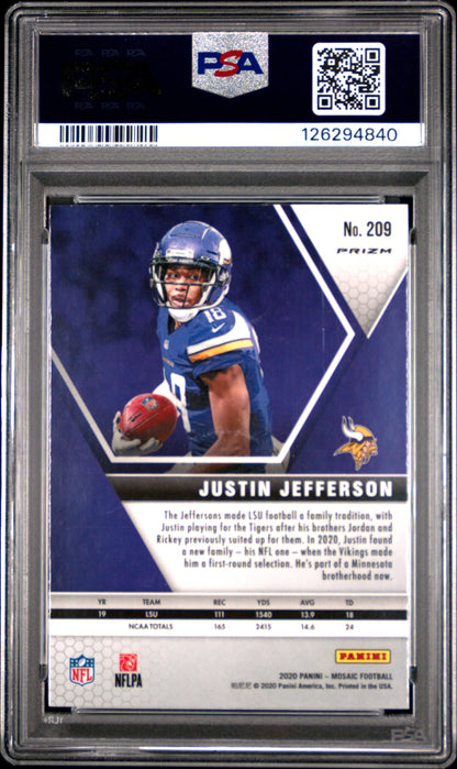 2020 Panini Mosaic Justin Jefferson #209 Prizm Reactive Green RC Vikings PSA 10