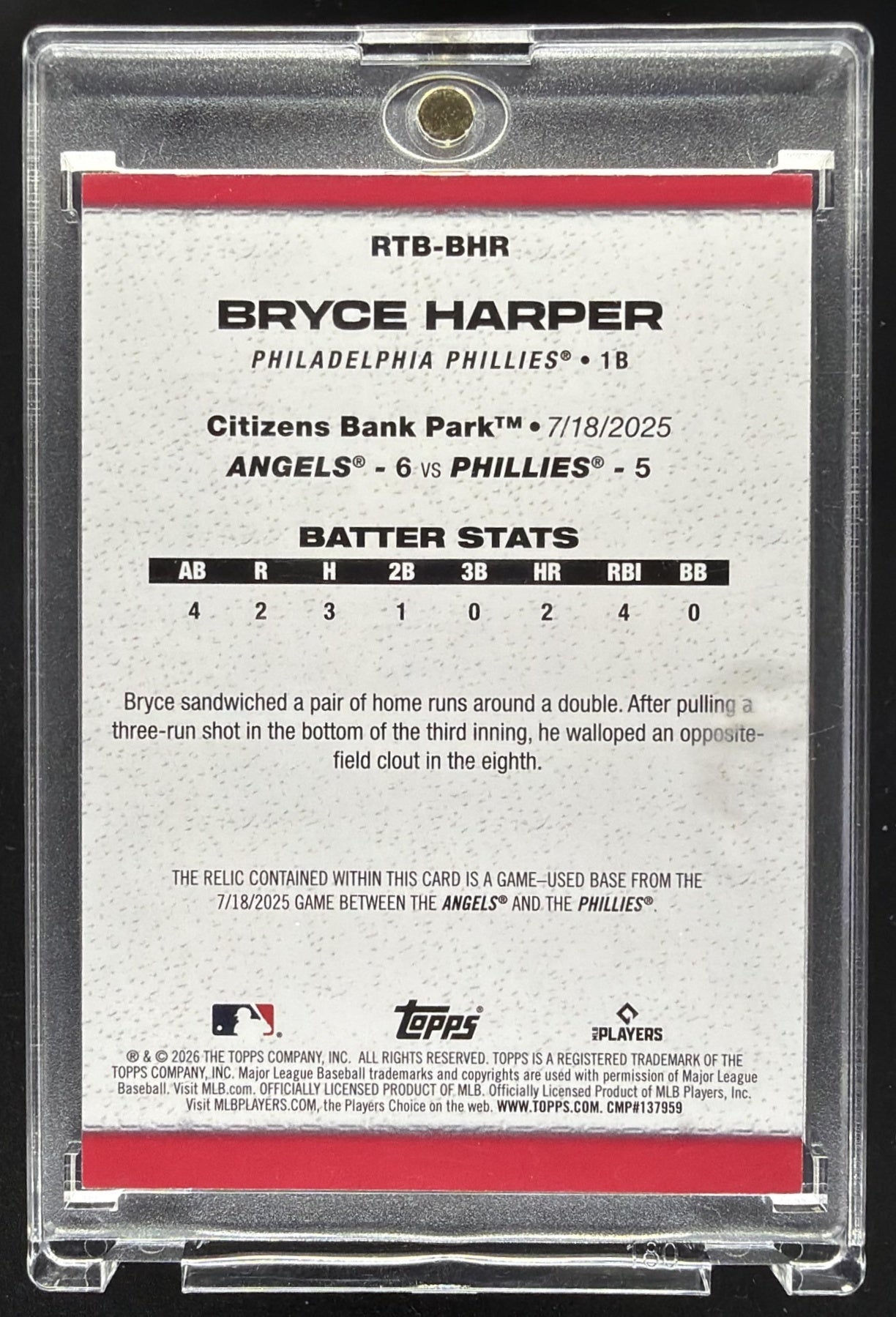 2026 Topps Series 2 Bryce Harper #RTB-BHR Rounding the Bases Relic MEM