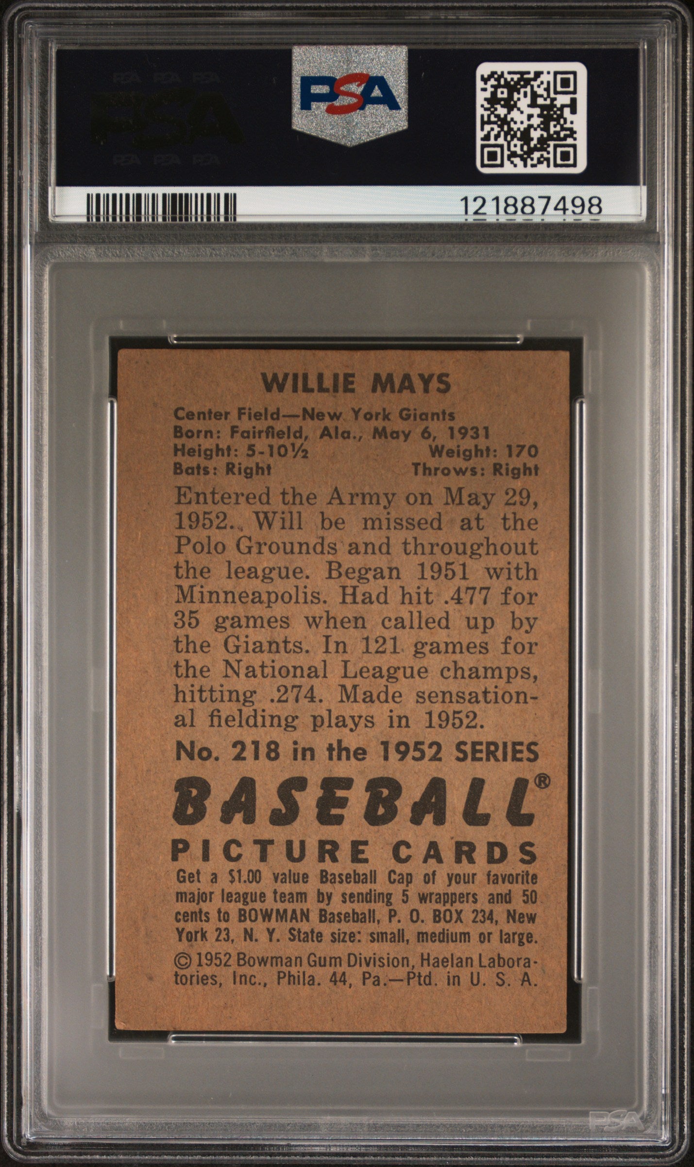 1952 Bowman Willie Mays #218 PSA 2