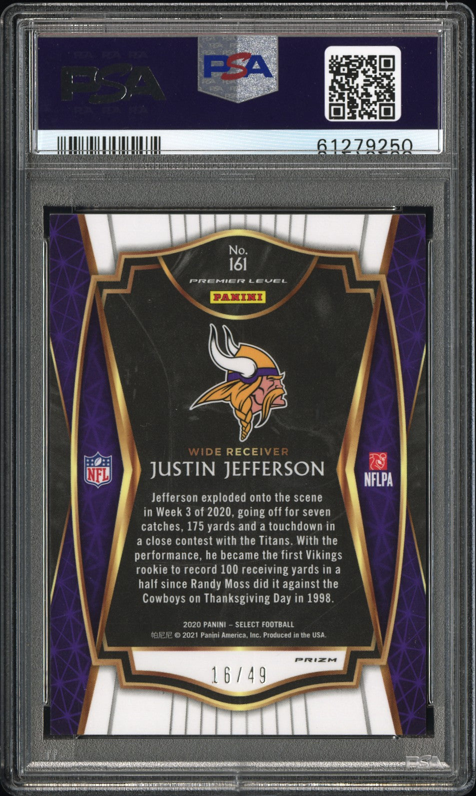 2020 Select Justin Jefferson Neon Green Rookie /49 PSA 10