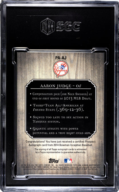 2014 Bowman Inception AAron Judge Rookie Auto /25 SGC 9/10