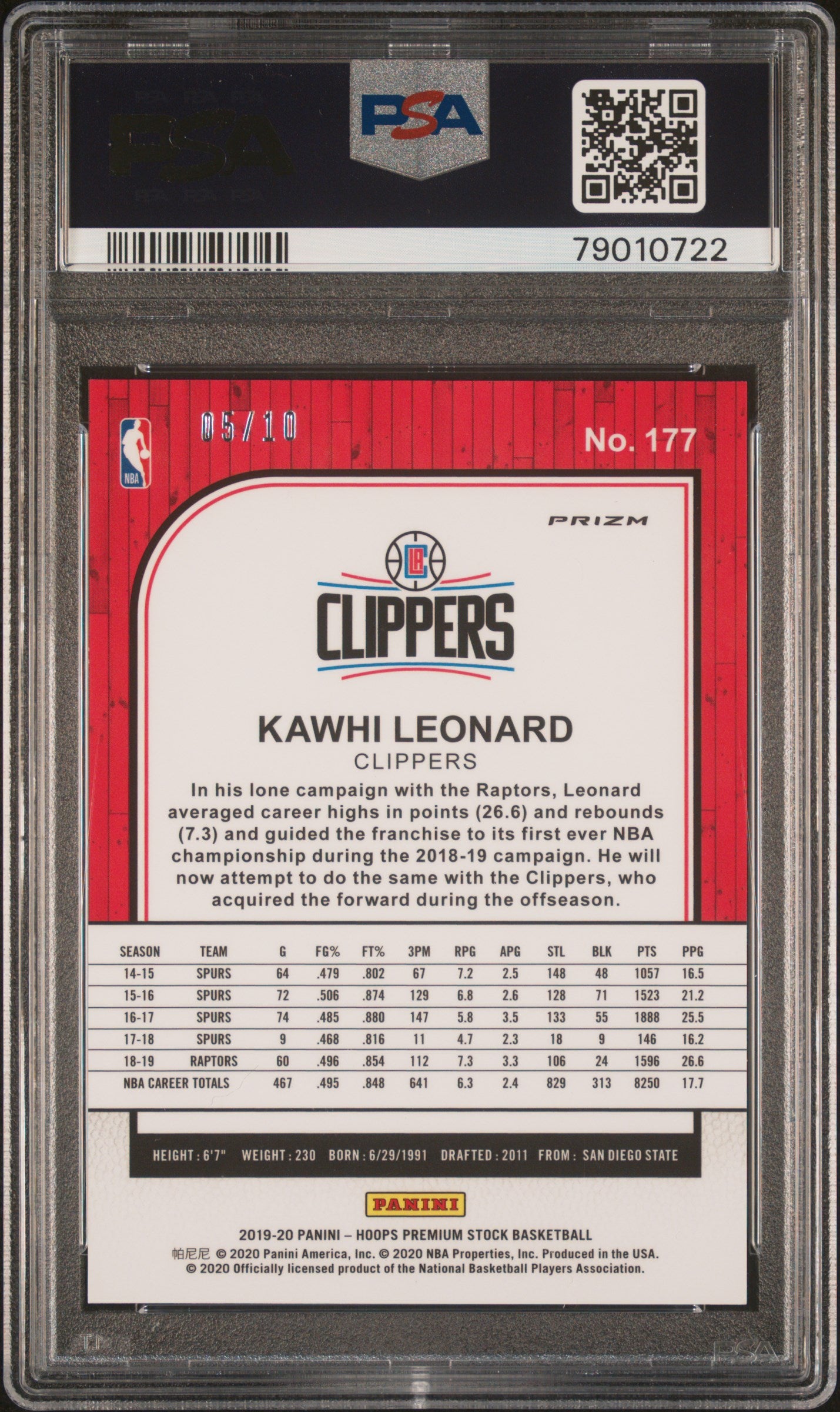 2019-20 Hoops Premium Stock Kawhi Leonard Gold Cracked Ice /10 PSA 10