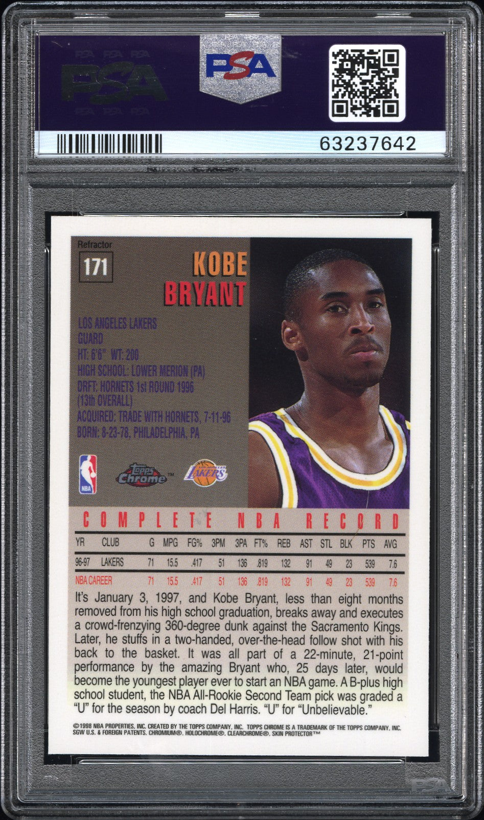 1997-98 Topps Chrome Kobe Bryant #171 Refractor PSA 9