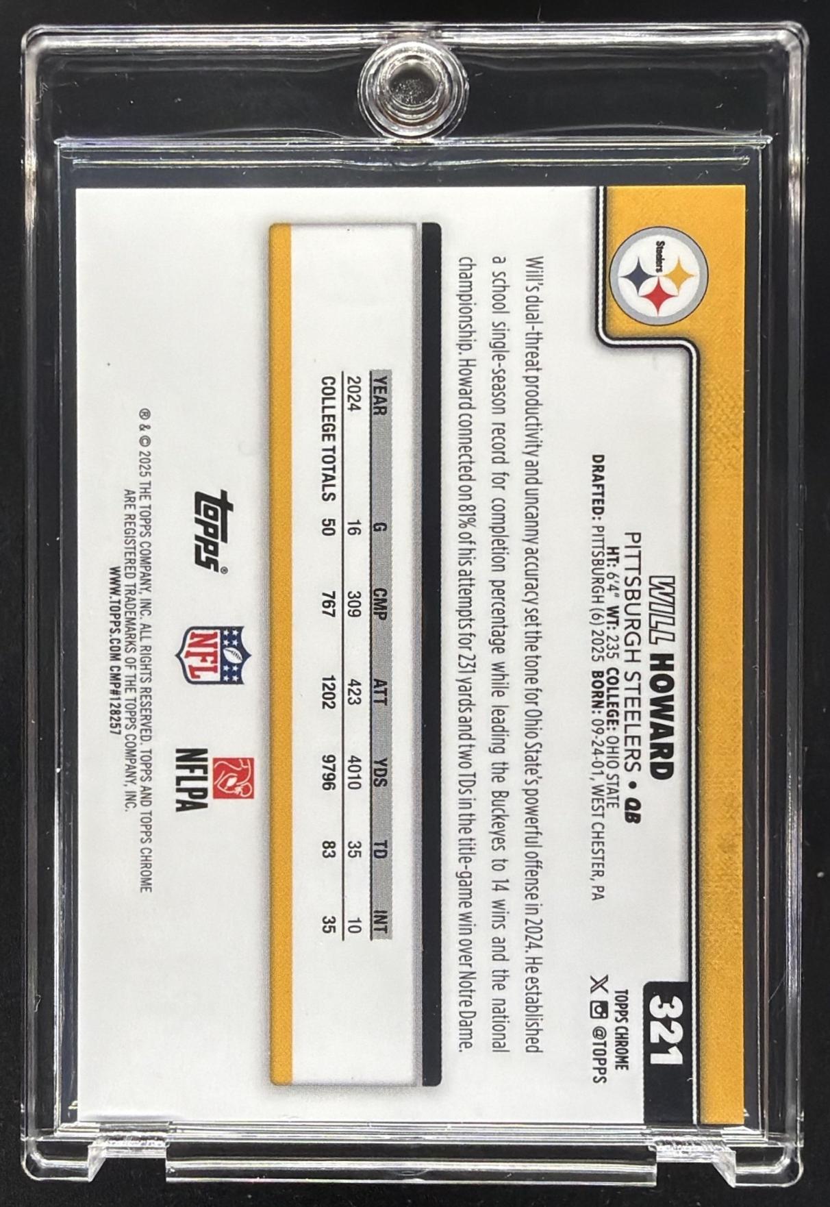 2025 Topps Chrome Will Howard #321 Rookie Gold Refractor 48/50 RC