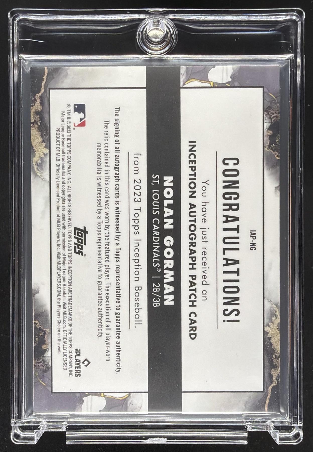 2023 Topps Inception Nolan Gorman #IAP-NG Auto Patch Orange 4/10 RC