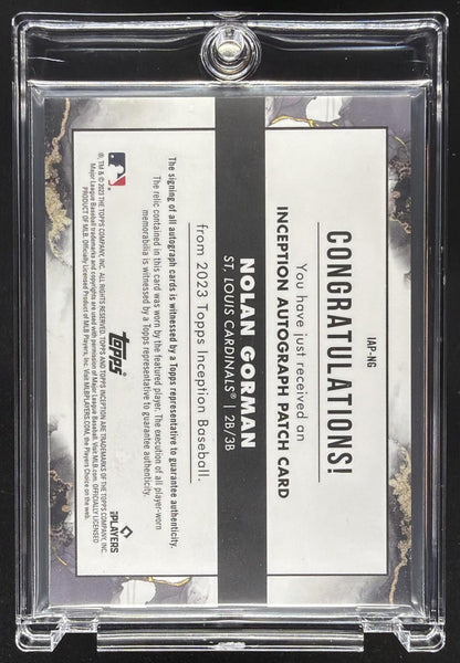 2023 Topps Inception Nolan Gorman #IAP-NG Auto Patch Orange 4/10 RC