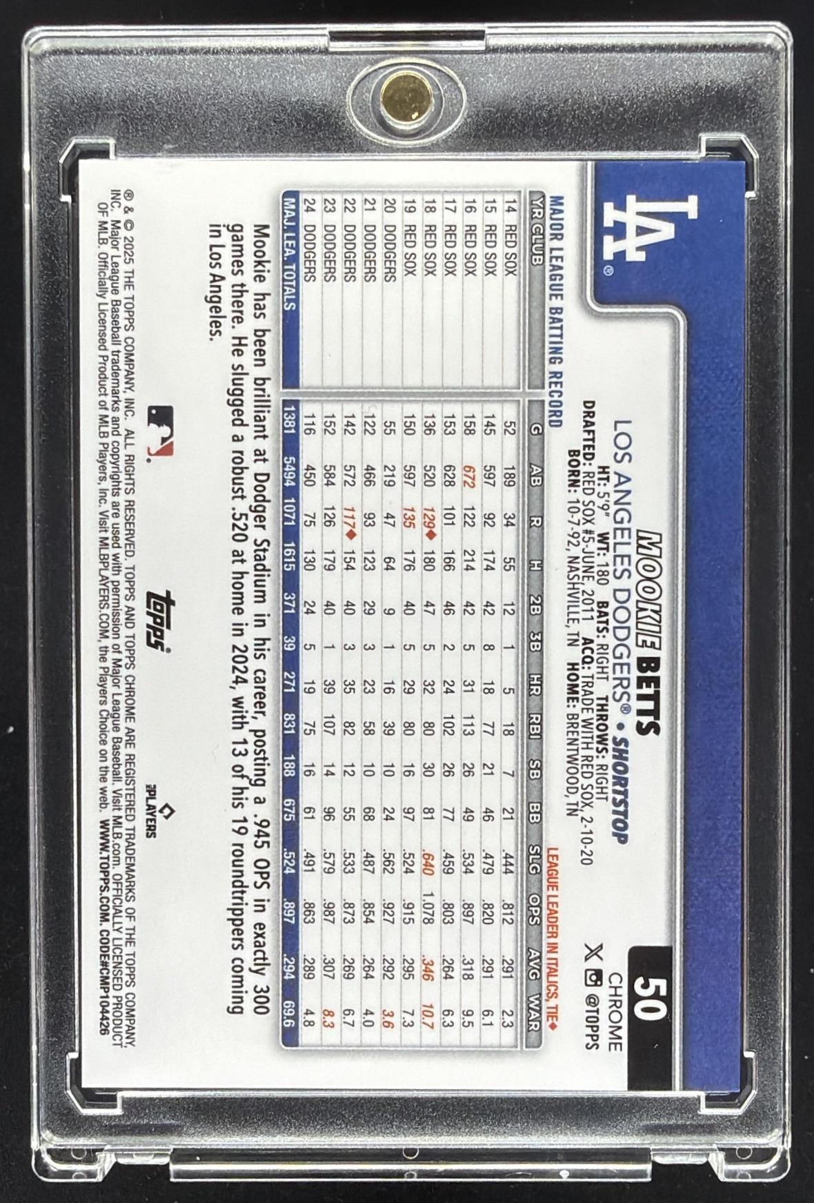 2025 Topps Chrome Mookie Betts #50 Orange Refractor 2/25