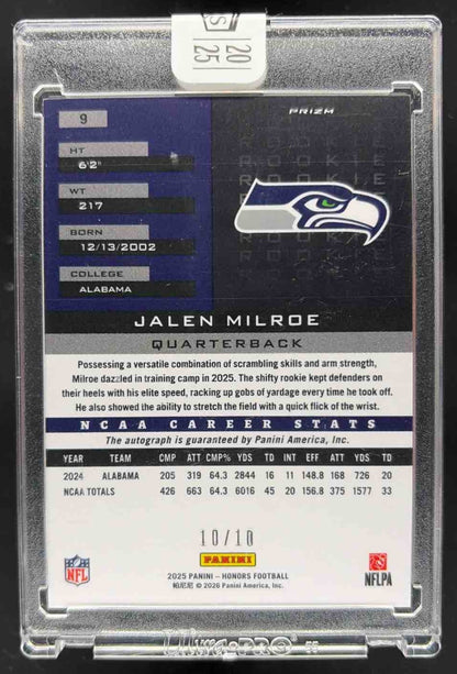2025 Panini Honors Jalen Milroe #9 2002 Rookies Signatures Gold /10 RC Auto
