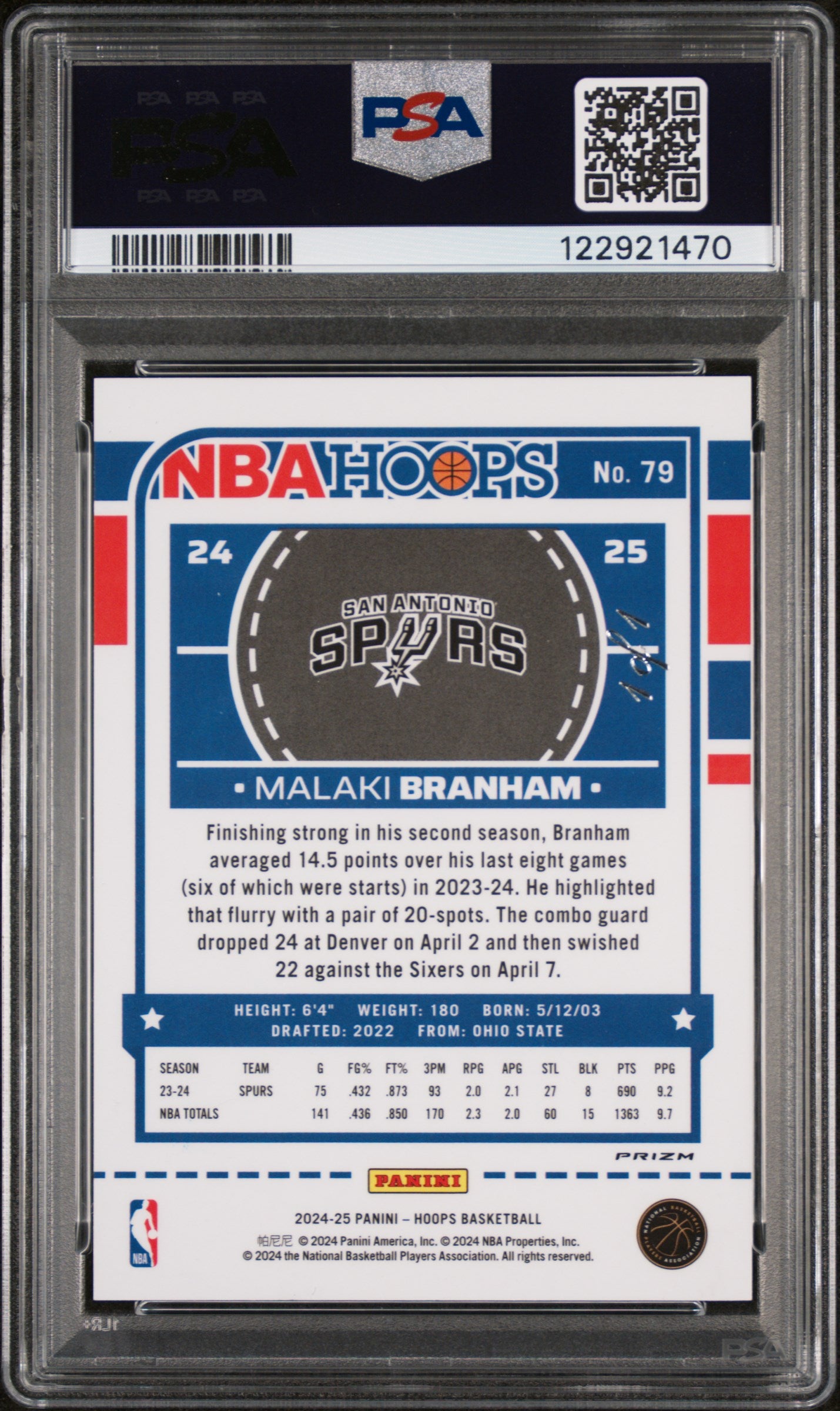 2024-25 Panini Hoops Malaki Branham #79 Nebula Prizm Premium 1/1 PSA 8