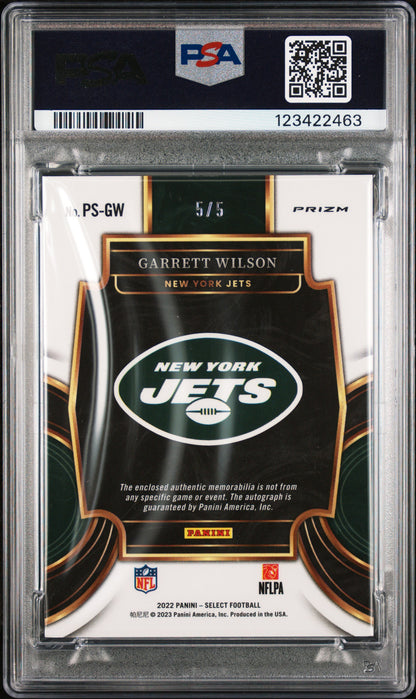 2022 Select Garrett Wilson Green Rookie Logo Patch Auto /5 PSA 9/10