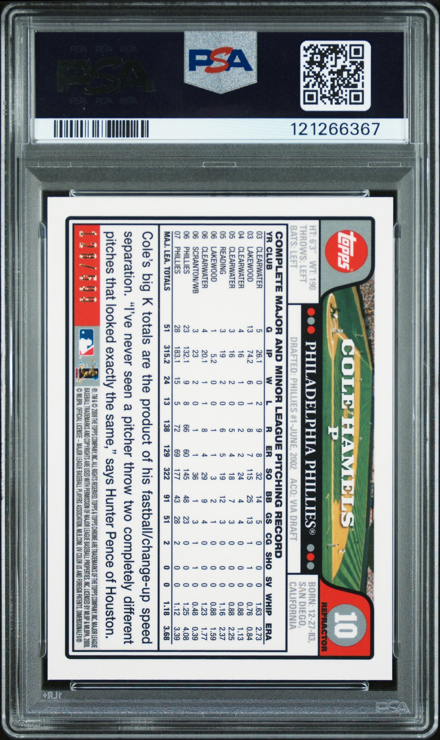 2008 Topps Chrome Cole Hamels #10 Copper Refractor 128/599 PSA 9