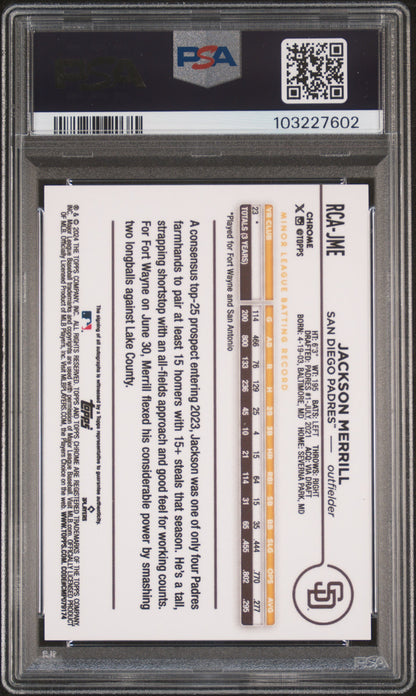 2024 Topps Chrome Jackson Merrill Green Logofractor /99 Rookie Auto PSA 9