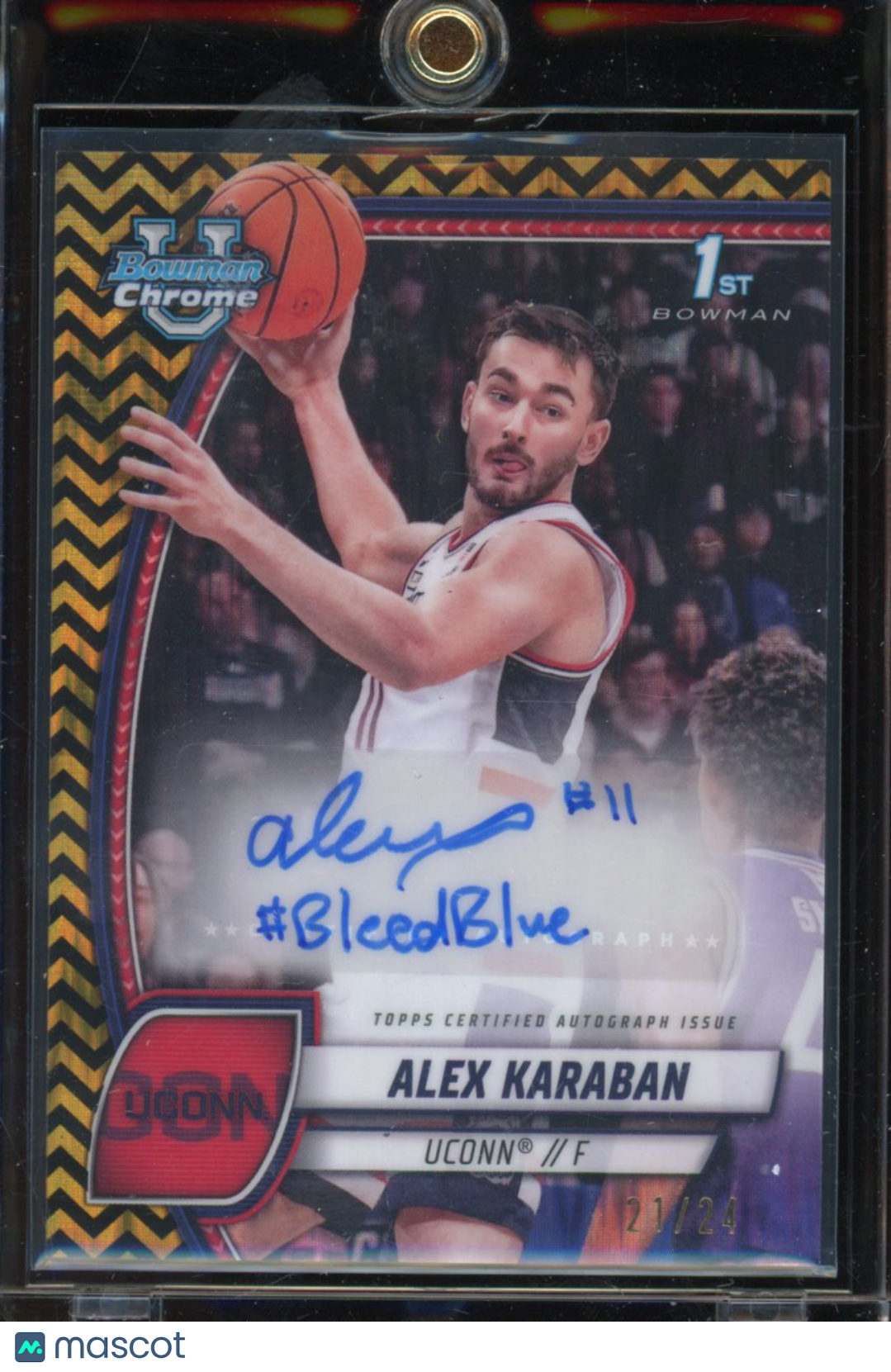 2024-25 Bowman Chrome University Alex Karaban Black Gold Stealth Auto /24 "#BleedBlue"