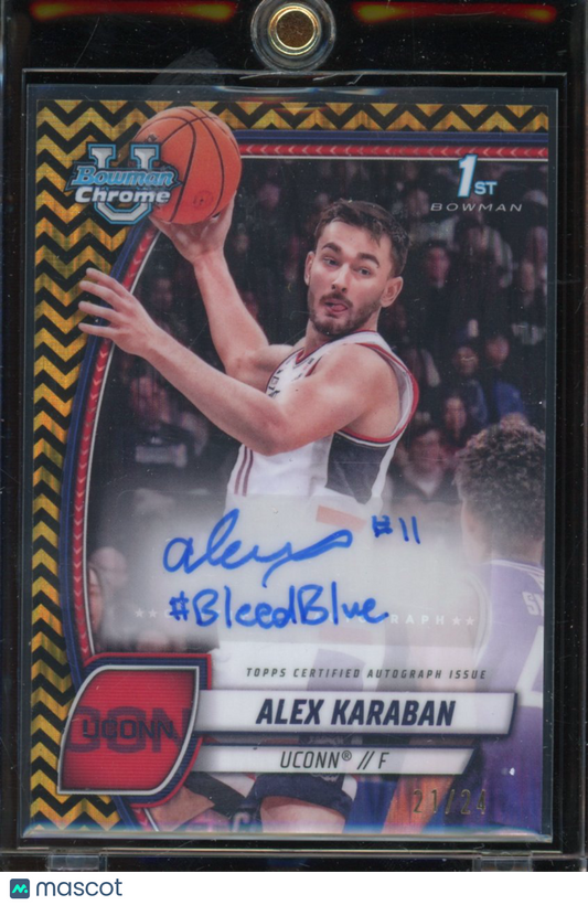 2024-25 Bowman Chrome University Alex Karaban Black Gold Stealth Auto /24 "#BleedBlue"