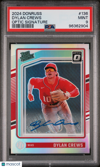 2024 Panini Donruss Dylan Crews #136 Prospects Optic Signatures Holo Auto PSA 9