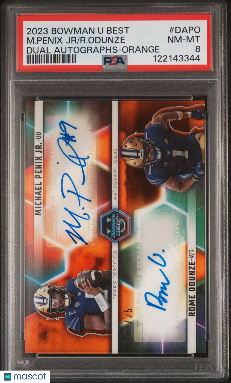 2023 Bowman University Best Rome Odunze Michael Penix Jr. Auto Orange /25 PSA 8