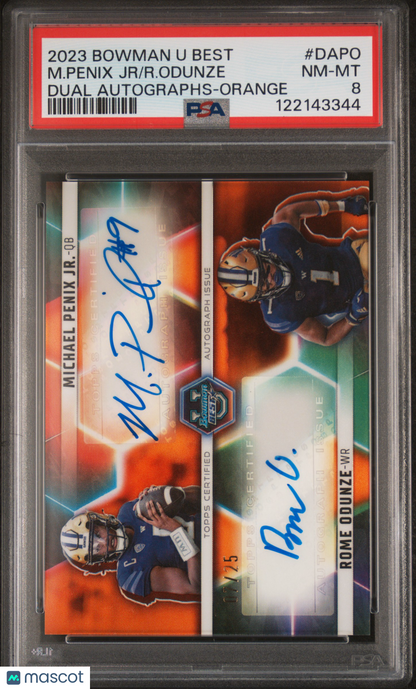 2023 Bowman University Best Rome Odunze Michael Penix Jr. Auto Orange /25 PSA 8