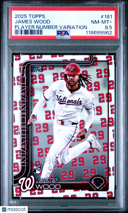 2025 Topps James Wood #181 Player Number Variation 27/29 Nationals PSA 8.5