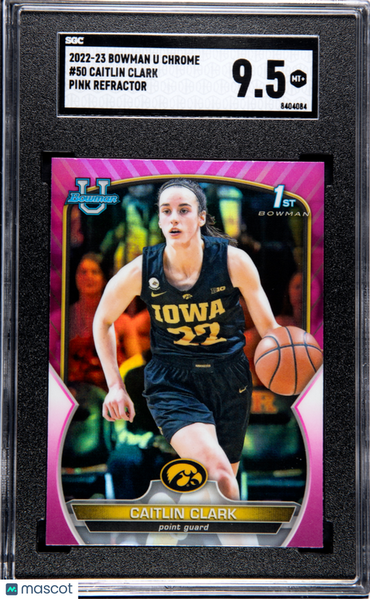 2022 Bowman Chrome University Caitlin Clark #50 Purple Shimmer Refractor SGC 9.5