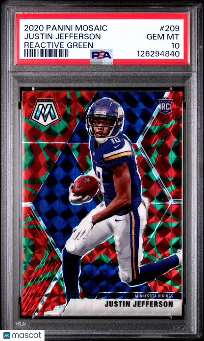 2020 Panini Mosaic Justin Jefferson #209 Prizm Reactive Green RC Vikings PSA 10