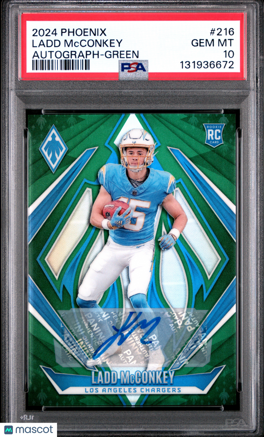 2024 Panini Phoenix Ladd McConkey #216 Rookie Auto Green /25 RC PSA 10