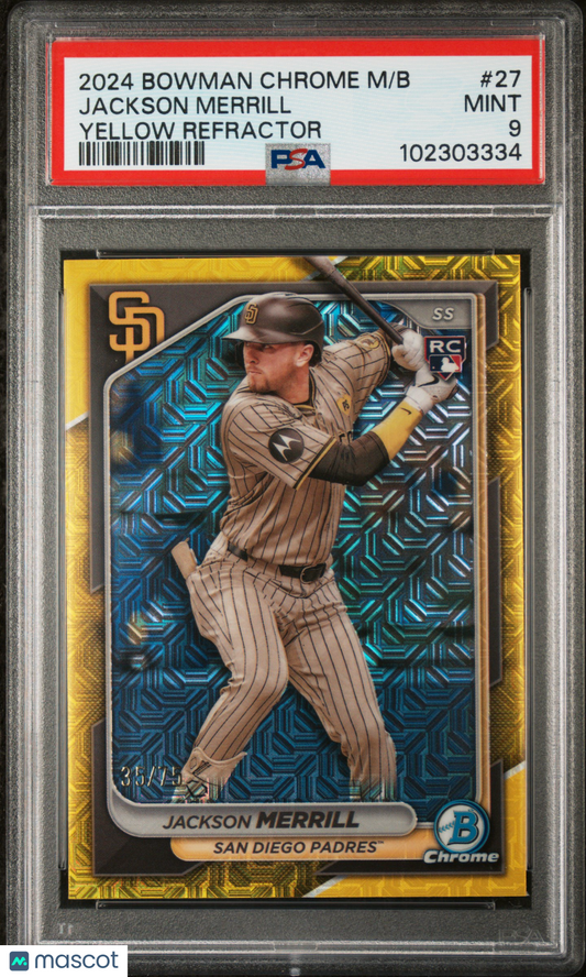 2024 Bowman Chrome Jackson Merrill Mega Box Yellow Refractor RC /75 PSA 9
