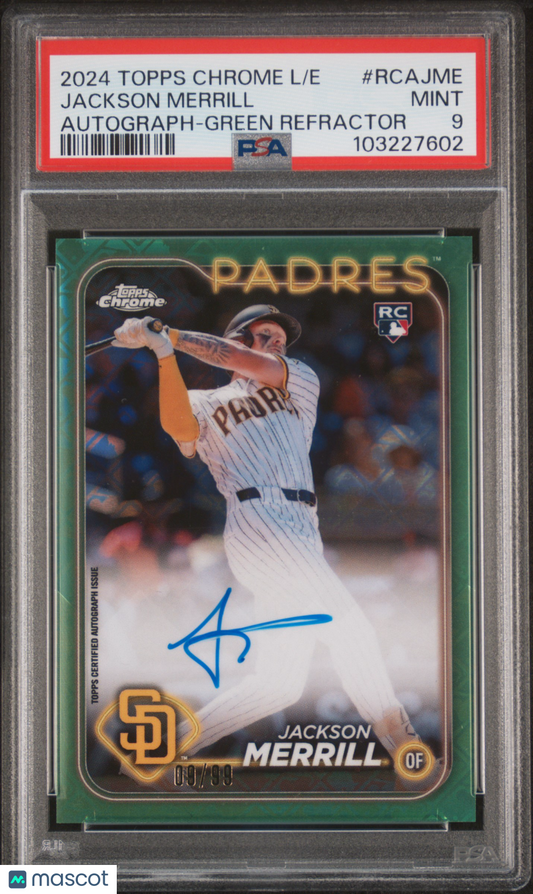 2024 Topps Chrome Jackson Merrill Green Logofractor /99 Rookie Auto PSA 9