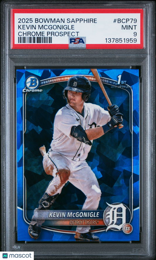2025 Bowman Sapphire Kevin McGonigle #BCP-79 Chrome 1st Prospect Tigers PSA 9