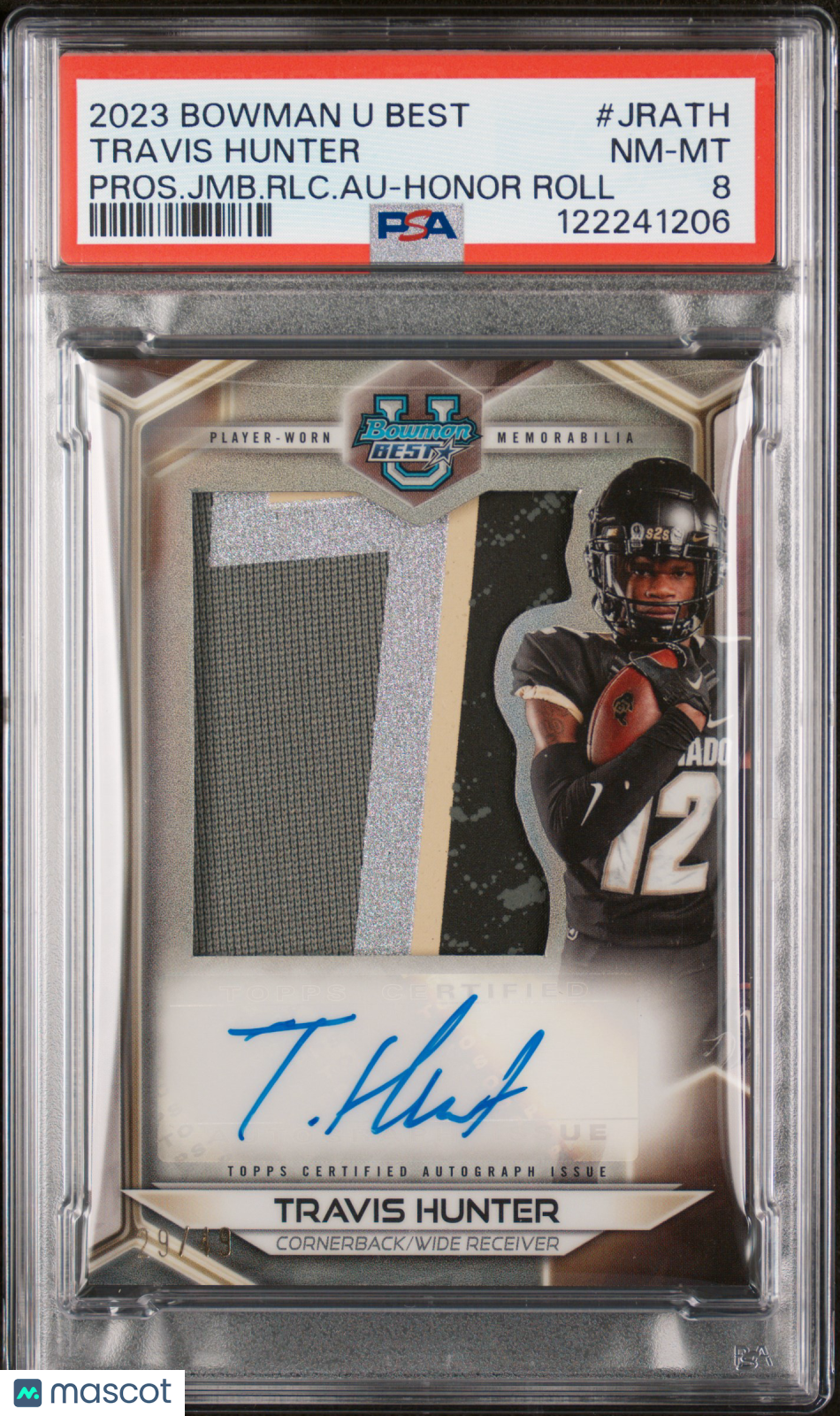 2023 Bowman University Best Travis Hunter #JRA-TH Prospect Relic Auto PSA 8