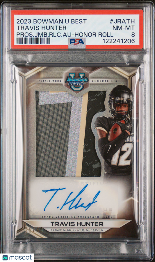 2023 Bowman University Best Travis Hunter #JRA-TH Prospect Relic Auto PSA 8