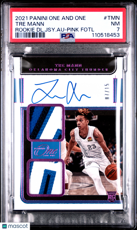 2021 Panini One And One Tre Mann Rookie Dual Patch Auto Pink FOTL /15 PSA 7