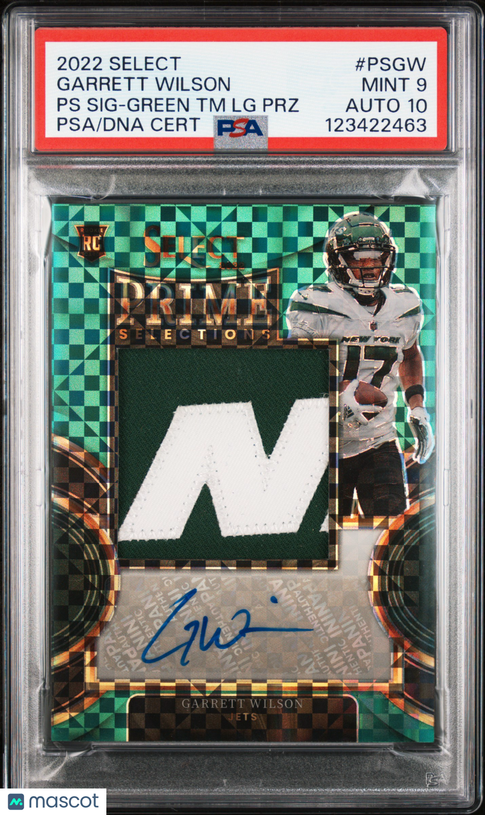 2022 Select Garrett Wilson Green Rookie Logo Patch Auto /5 PSA 9/10