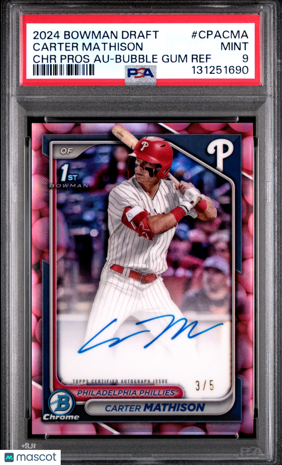 2024 Bowman Draft Carter Mathison #CPA-CMA Chrome Auto Bubble Gum /5 Auto PSA 9