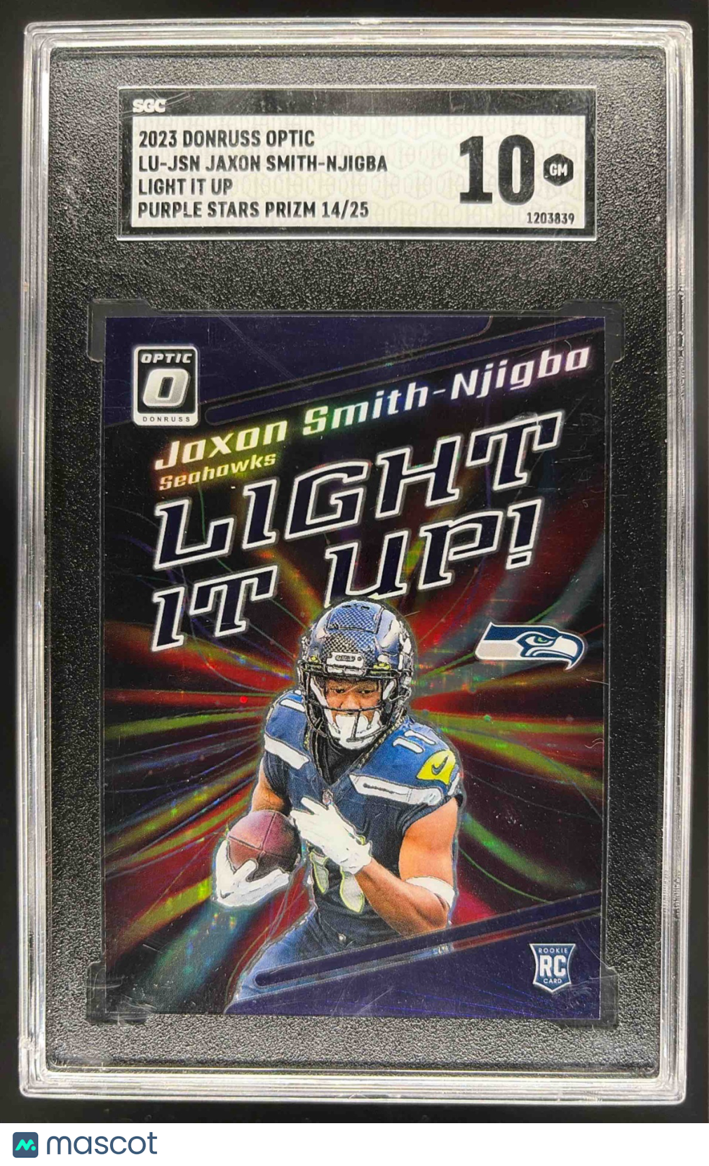 2023 Donruss Optic Jaxon Smith-Njigba Light It Up Purple Stars 14/25 RC SGC 10