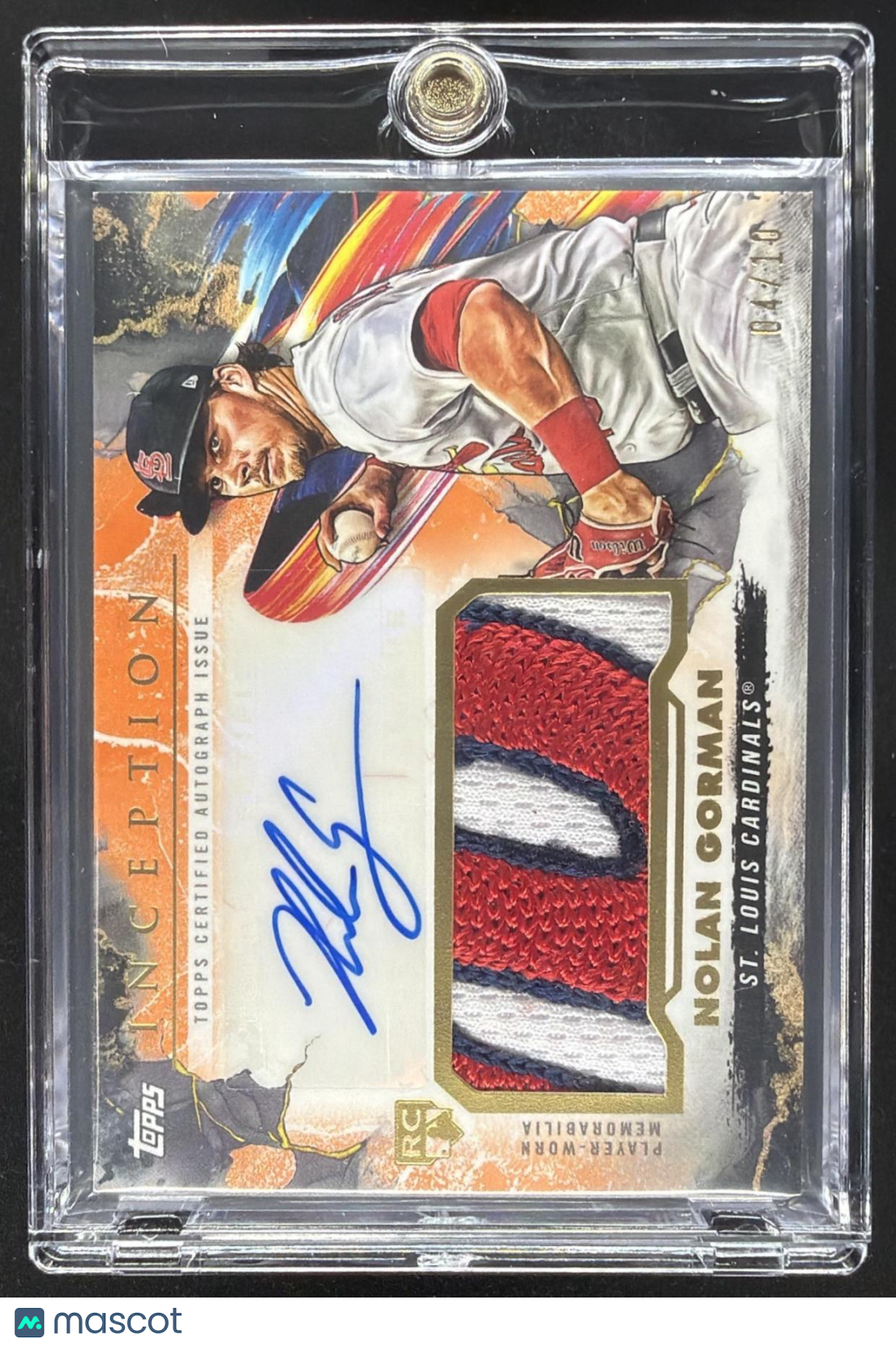 2023 Topps Inception Nolan Gorman #IAP-NG Auto Patch Orange 4/10 RC