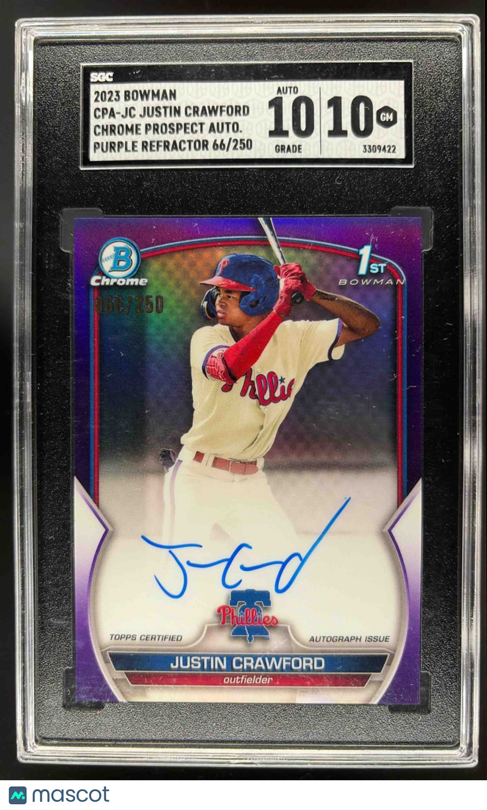 2023 Bowman Justin Crawford #CPA-JC Chrome Auto Purple Refractor /250 1st SGC 10
