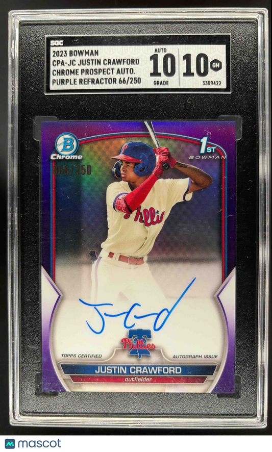 2023 Bowman Justin Crawford #CPA-JC Chrome Auto Purple Refractor /250 1st SGC 10